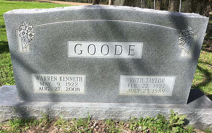 Warren Kenneth and Ruth Taylor Goode tombstone